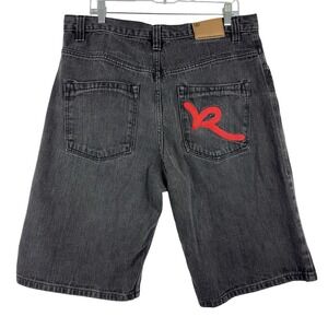 Rocawear Shorts Mens 38 Black Denim Jean Baggy Loose Red Logo Embroidered Y2K